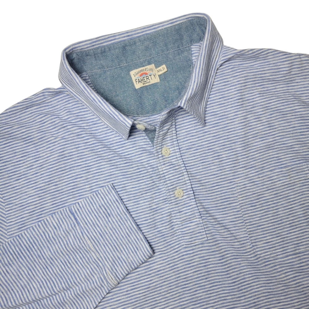 Faherty Light Blue & White Striped Long Sleeve Polo Shirt XXL - Picture 6 of 6